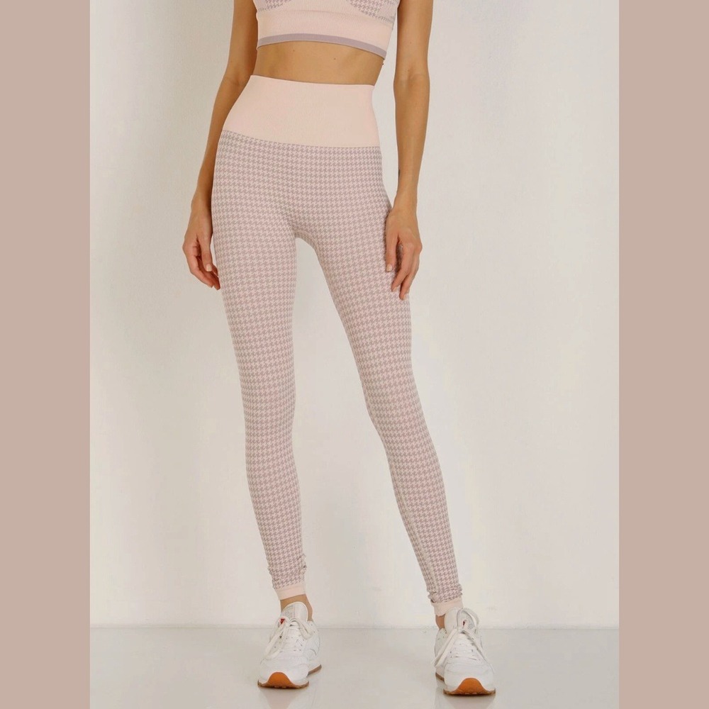 Varley Women L/XL Leggings Houndstooth High Waisted Seamless Tan Brown Yoga Gym